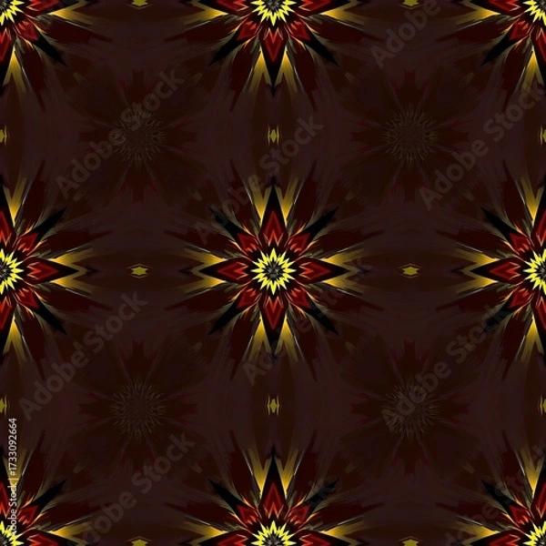 Fototapeta Symmetrical pattern of abstract starburst shapes in vibrant yellow red and black against a deep brown background