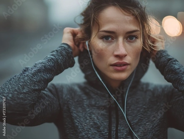 Fototapeta Intense Portrait of a Determined Woman in a Hoodie Before an Urban Workout