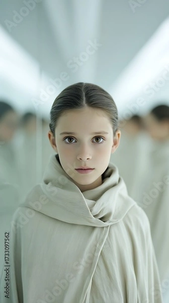 Fototapeta Young Girl with Serious Expression in Minimalist Mirrored Room, Reflecting Purity and Calmness