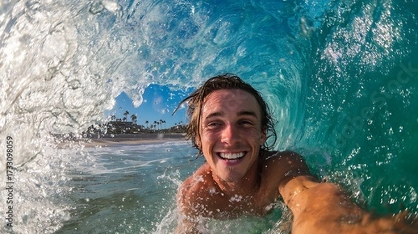 Fototapeta Exhilarated Young Man Taking Selfie Inside a Crashing Ocean Wave on a Sunny Beach Day