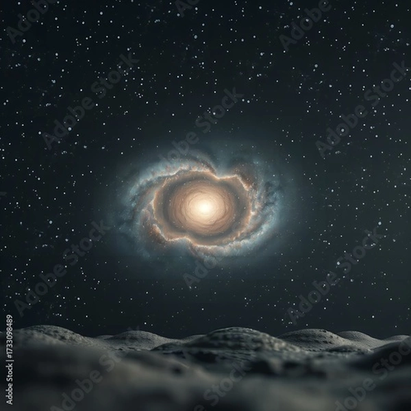 Fototapeta A swirling galaxy with a bright center illuminates a starry night sky above a textured planetary surface