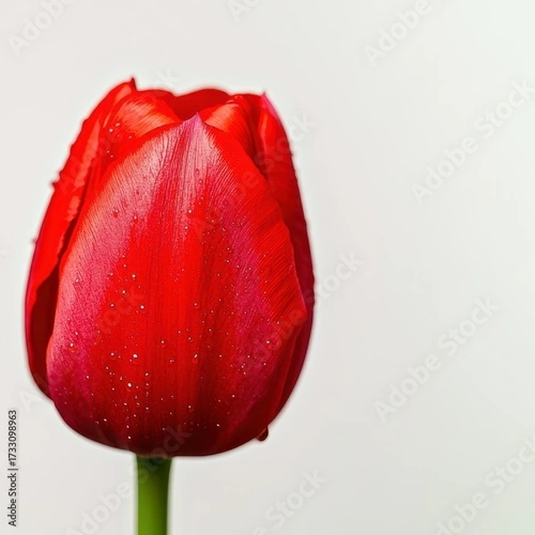 Fototapeta Bright Red Tulip with Raindrops on Petals in Soft Natural Light
