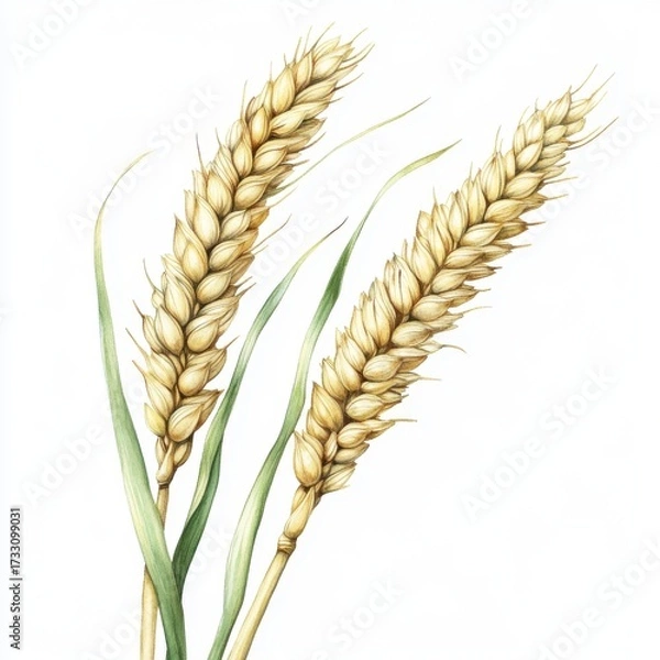 Fototapeta Two Ears of Wheat with Green Leaves on a White Background