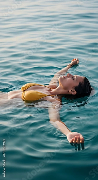 Fototapeta Side profile of woman in muted yellow bikini floating on back in calm sea, arms resting on water, eyes closed, peaceful expression hidden