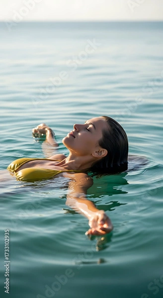 Fototapeta Side profile of woman in muted yellow bikini floating on back in calm sea, arms resting on water, eyes closed, peaceful expression hidden