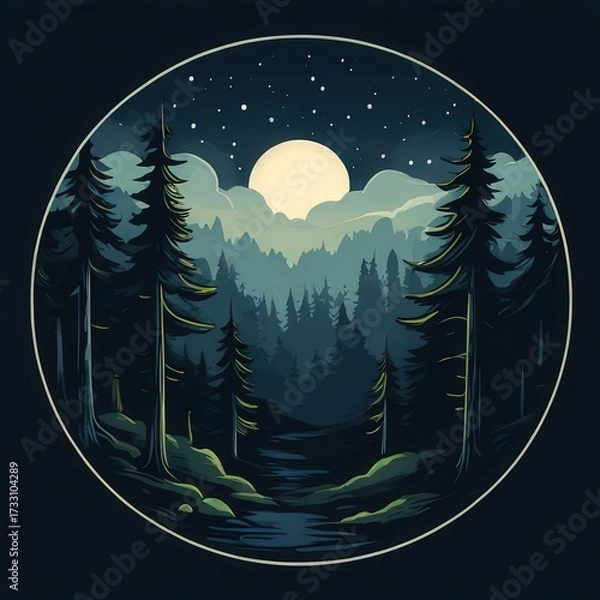 Fototapeta an AI Image Generator, Moonlit Forest Path With Silhouetted Pines and Full Moon