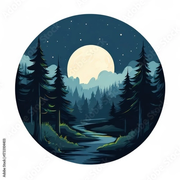 Fototapeta an AI Image Generator, Moonlit Forest Path With Silhouetted Pines and Full Moon