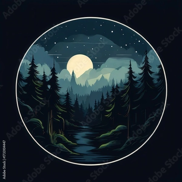 Fototapeta an AI Image Generator, Moonlit Forest Path With Silhouetted Pines and Full Moon