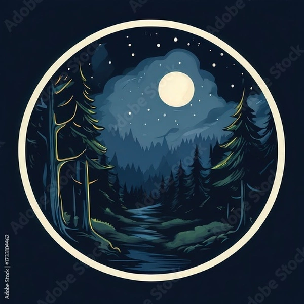 Fototapeta an AI Image Generator, Moonlit Forest Path With Silhouetted Pines and Full Moon