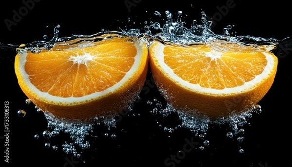 Obraz Orange slices submerged in water, splashes and bubbles