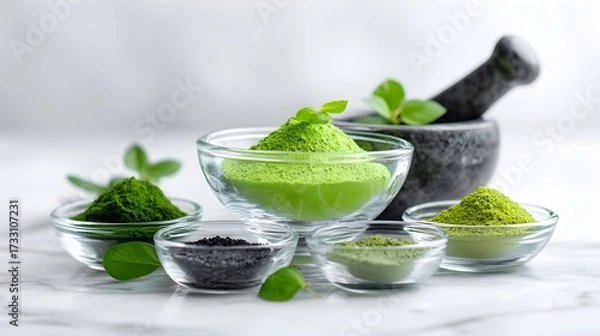 Fototapeta Vibrant green powders, including matcha, in bowls with a dark mortar.
