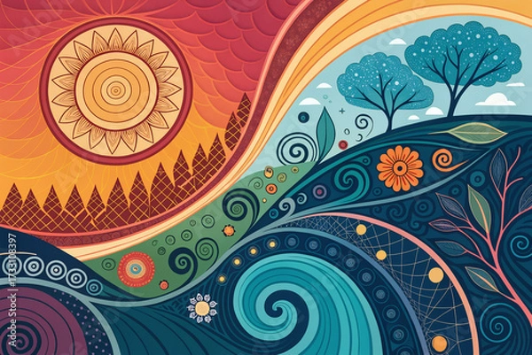 Fototapeta Bright swirling patterns depict a vivid landscape featuring a large sun, lush trees, and flowing waves in rich colors at sunset. Nature and harmony concept. Generative AI.