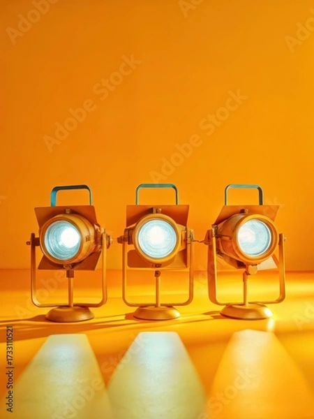 Fototapeta High-end products lit up by bright blue and white spotlights on a sleek blue backdrop