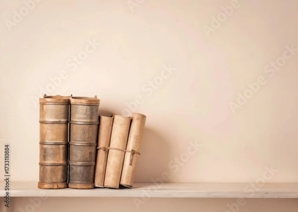 Fototapeta A shelf filled with old leather-bound books and scrolls in a dimly lit library