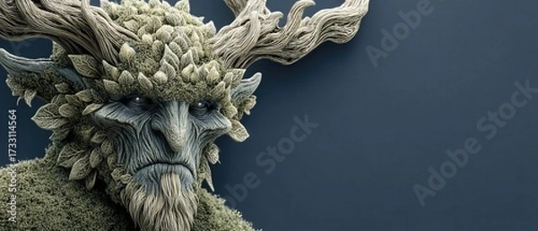 Fototapeta Detailed wood-carved tree spirit sculpture with textured bark face and branching antlers against a muted blue-gray background.