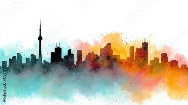 Fototapeta Colorful watercolor city skyline silhouette with a tall tower and abstract paint splashes.