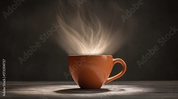 Fototapeta Steaming cup of coffee on a rustic wooden table with dramatic lighting and rising vapor.