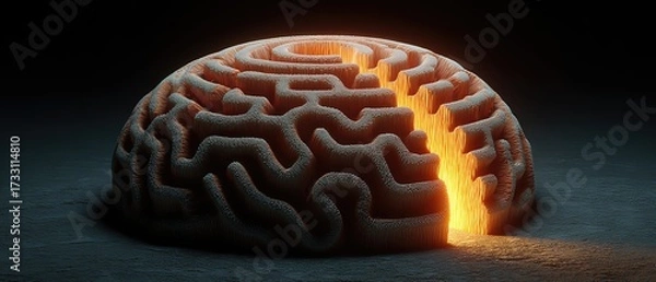 Fototapeta Stylized brain-shaped maze with a glowing molten fissure emitting orange light