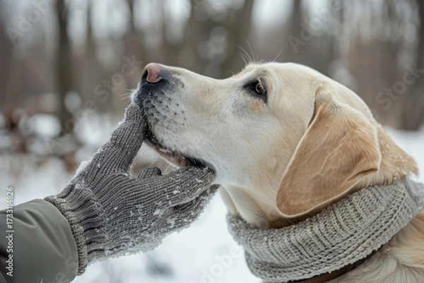 Fototapeta Dog and owner enjoy snowy forest walk, playful bite on mitten highlights pet enthusiasm.