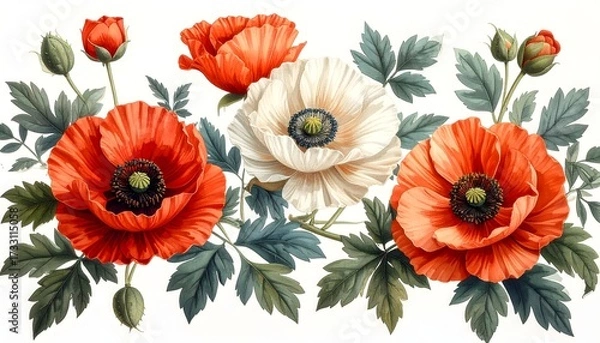 Fototapeta Classic floral artwork featuring red poppies high resolution picture