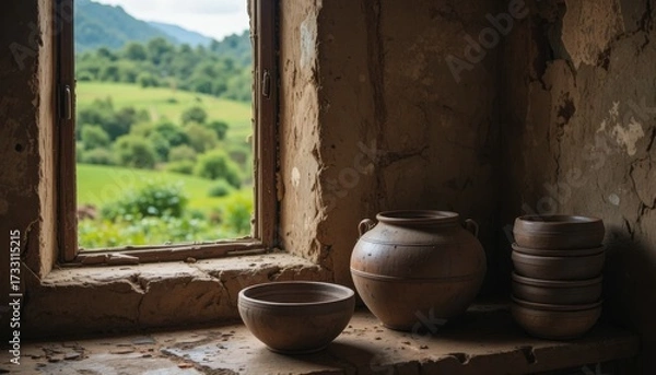 Fototapeta A still life image of a traditional kitchen corner. A rustic clay pot sits next to a stack of well-used bowls. A window looks out onto a green, lush landscape. The image is full of textures and earthy