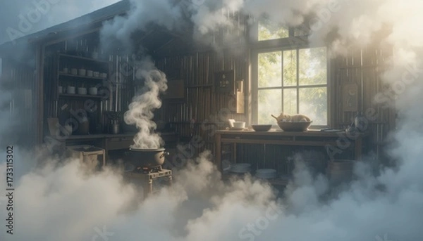 Fototapeta A misty morning scene of a kitchen in a bamboo hut. Steam rises from a pot on a small stove, and a cat sleeps peacefully in a sunbeam.