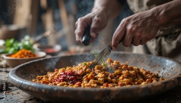 Fototapeta A close-up on a pair of weathered hands preparing food in a traditional kitchen.