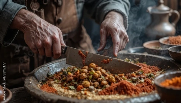 Fototapeta A close-up on a pair of weathered hands preparing food in a traditional kitchen.