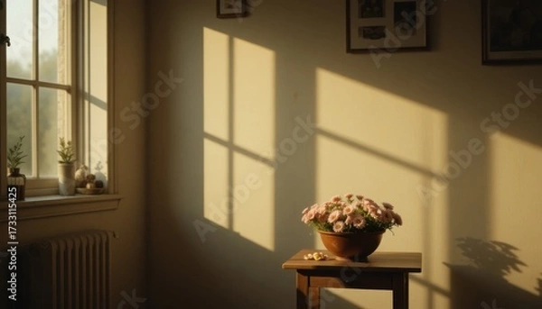 Fototapeta A serene image of a kitchen at dawn. A faint glow from a cooking fire illuminates the corner of the room, casting long shadows. 