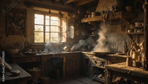 Fototapeta A warm, rustic kitchen in a traditional village home. The scene is lit by soft, golden light filtering through a window. An elderly woman is cooking over a clay stove, with smoke gently rising.