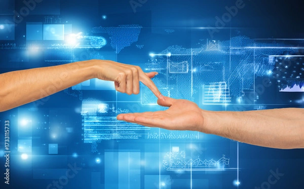 Fototapeta A woman's palm points and touches a man's empty palm with her finger.