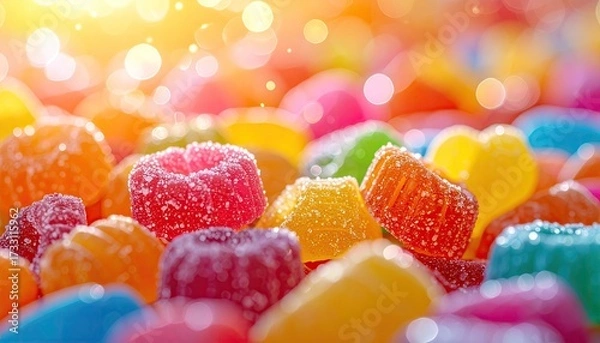 Fototapeta Macro Close Up of Colorful Assorted Candies with Bokeh Lights Bright and Vibrant Colors Sugar Coated Gummy Treats Sweet Tooth Indulgence Festive Mood
