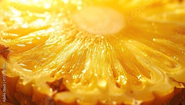 Fototapeta Macro Close Up of Golden Pineapple Slice with Juicy Texture and Bright Yellow Light