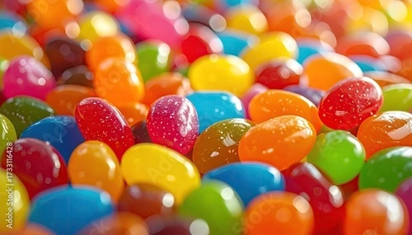 Fototapeta Macro Shot of Assorted Colorful Jelly Beans with a Glossy Texture Sweet Treat in Red Yellow Blue Orange and Green with Blurred Background