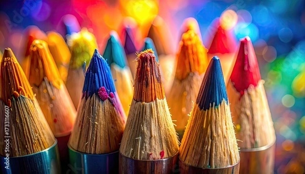 Fototapeta Macro Shot of Vivid Colored Pencils with Soft Bokeh Background Art Supplies in Yellow Blue Red Tones