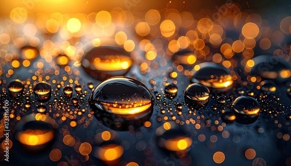 Fototapeta Macro Shot of Water Droplets on a Dark Surface with Golden Light Bokeh