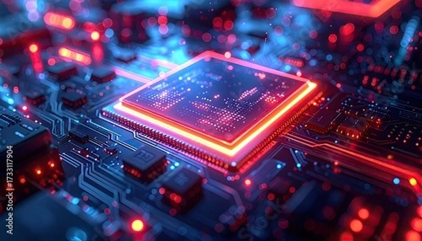 Fototapeta Abstract Microchip Close Up with Red and Blue Light Effects in High Definition