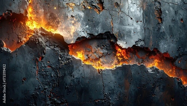 Fototapeta Close Up of Cracked Gray Concrete Wall with Orange Glow Abstract Background High Contrast Industrial Design Detailed Texture Grunge Surface Art