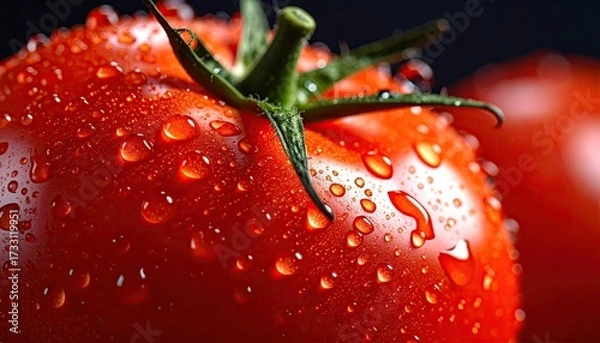 Fototapeta Close Up of Red Tomato with Water Droplets on Black Background