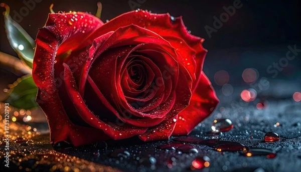 Fototapeta Detailed Close Up of Red Rose Bloom with Water Droplets on Dark Surface