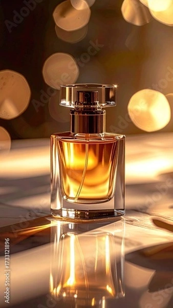Fototapeta Elegant Golden Perfume Bottle on Marble Surface with Bokeh Lights Luxury Fragrance in Square Glass Bottle, Warm Lighting Reflection and Shadow