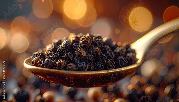 Fototapeta Golden Spoon of Dried Berries with Bokeh Background in Warm Tones