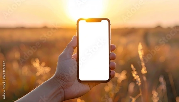 Fototapeta Hand Holding Phone Displaying a Blank Screen during Sunset Field Scenery Mobile Technology Communication in Nature Warm Tones and Bright Light