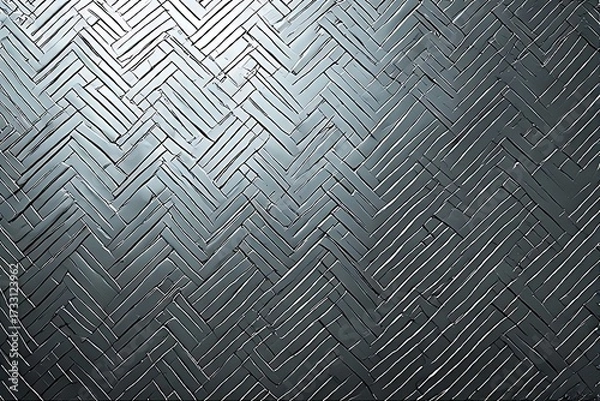 Fototapeta Herringbone metallic tile pattern with reflective steel finish, industrial and modern surface design for architecture.