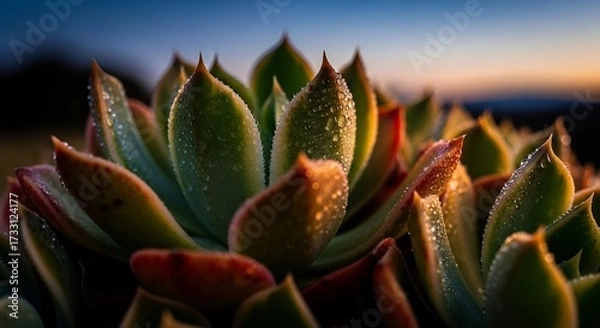 Fototapeta Dew-Kissed Echeveria: A Close-Up of Succulent Beauty at Dusk