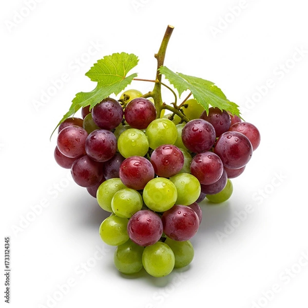 Fototapeta Bunch of Red and Green Grapes with Leaves on White Background