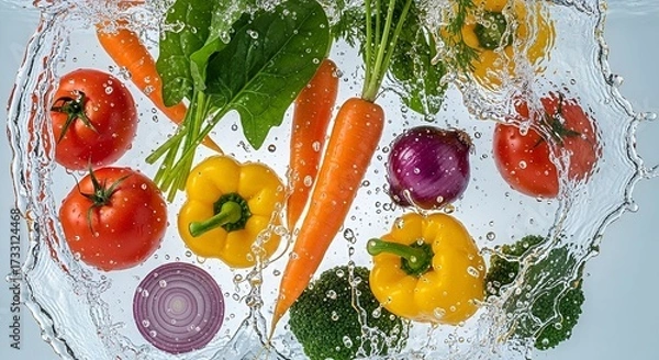 Fototapeta Fresh Vegetables in Water Splash: Vibrant Colors and Dynamic Com