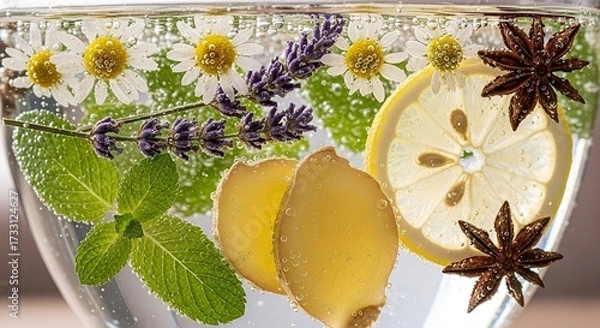 Fototapeta Refreshing infused water with chamomile, lavender, lemon, ginger