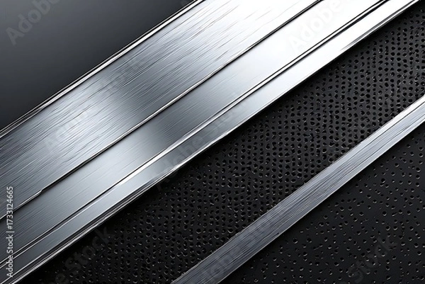 Fototapeta Polished silver metal strips over black perforated steel create a high-tech futuristic pattern, great for modern product mockups, automotive design, and cyber interfaces.