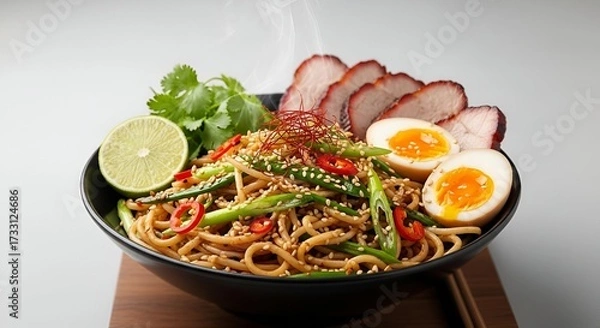 Fototapeta Steaming Noodle Bowl with Pork, Soft Boiled Eggs, and Fresh Lime